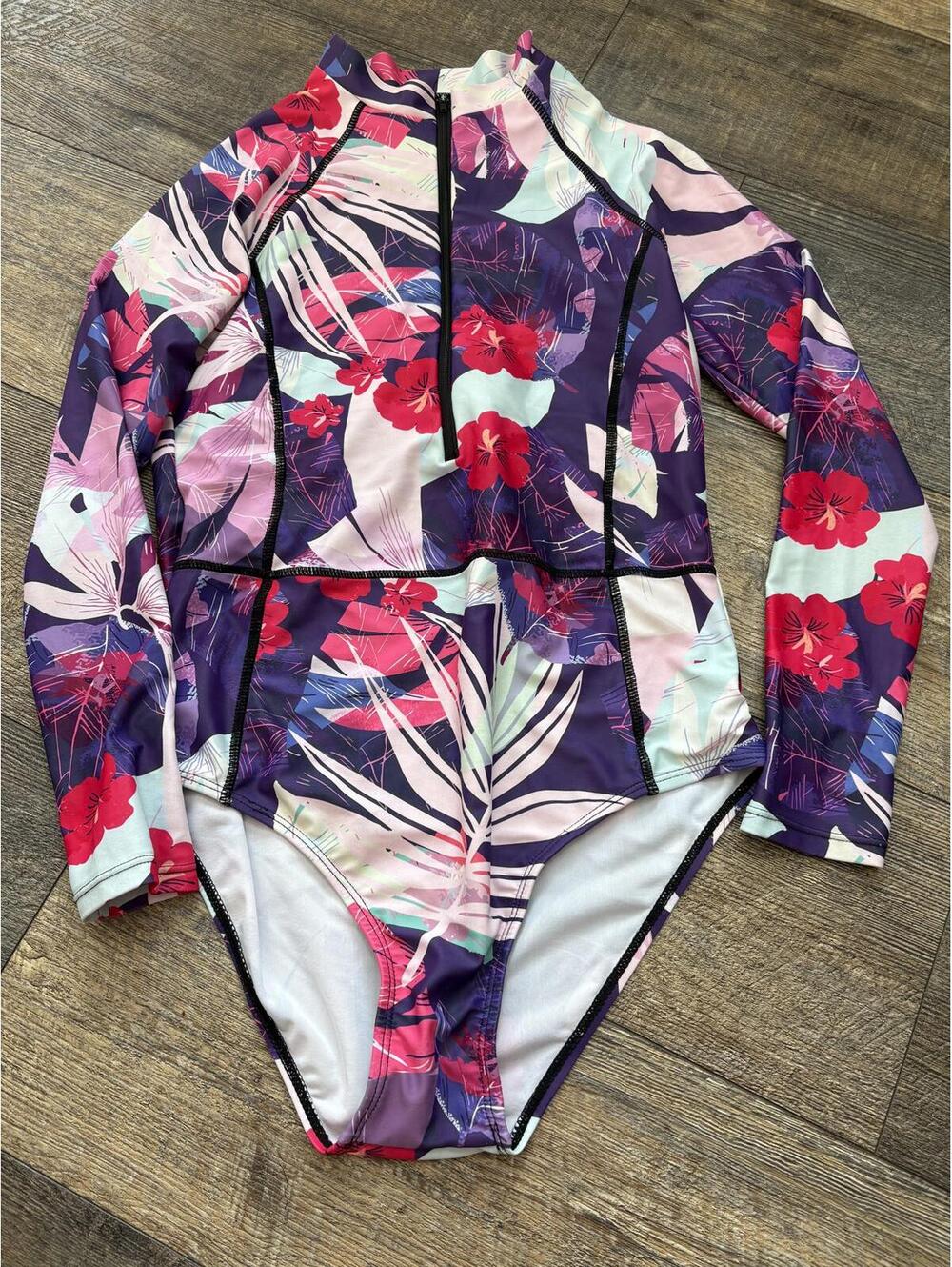 Women's Long Sleeve Floral One-Piece Swimsuit with Front Zipper Size Small